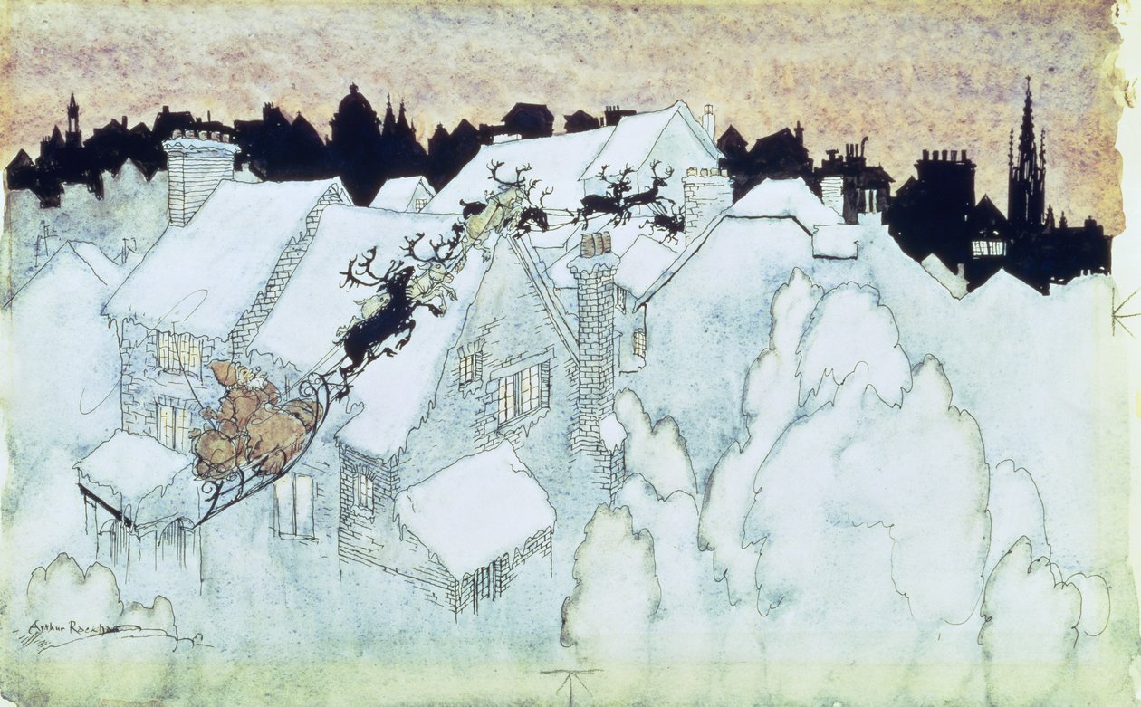 “到了他们飞走的家庭教师的屋顶上”，插图为“圣诞节前的夜晚”酒吧。 1931年 作者 亚瑟·拉克汉姆（Arthur Rackham）