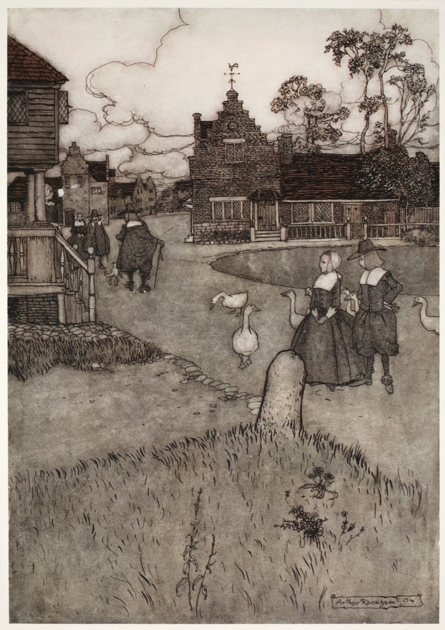 一些原始定居者的房子，来自华盛顿欧文的Rip Van Winkle，酒吧。 1910 作者 亚瑟·拉克汉姆（Arthur Rackham）