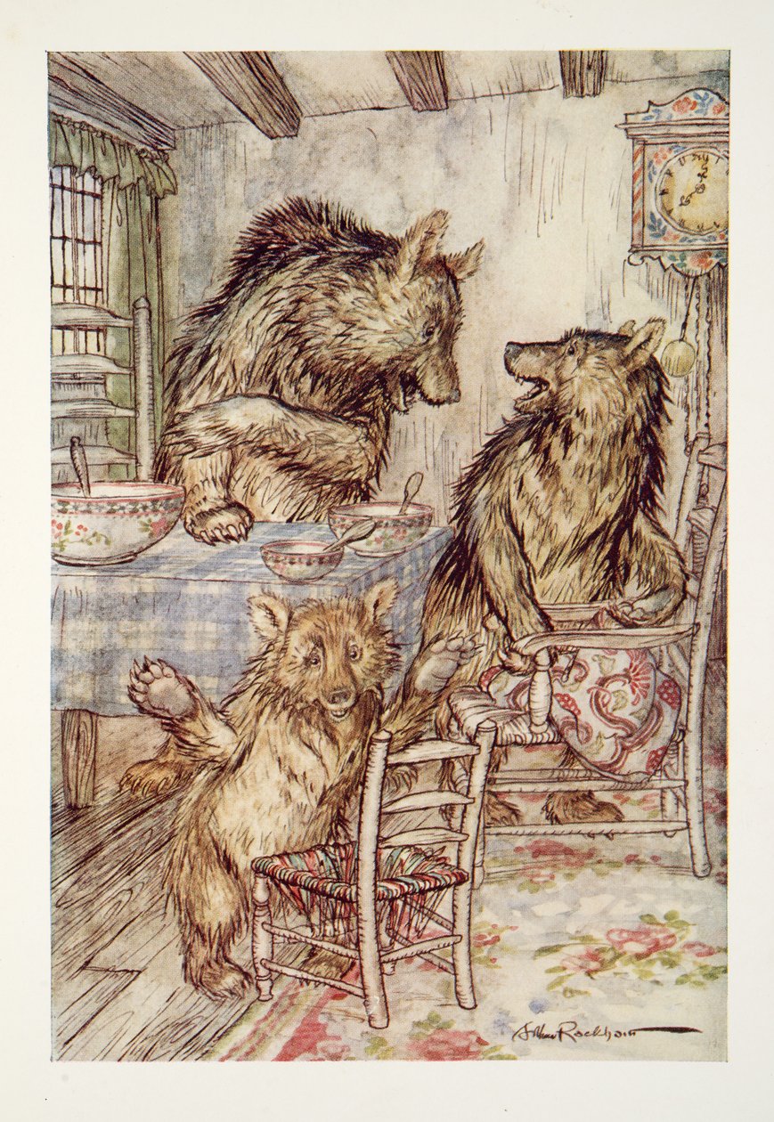 有人一直坐在我的椅子上，从底部坐下来！来自The Arthur Rackham Fairy Book，pub的Little，Small，Wee Bear说道。 1933年 作者 亚瑟·拉克汉姆（Arthur Rackham）