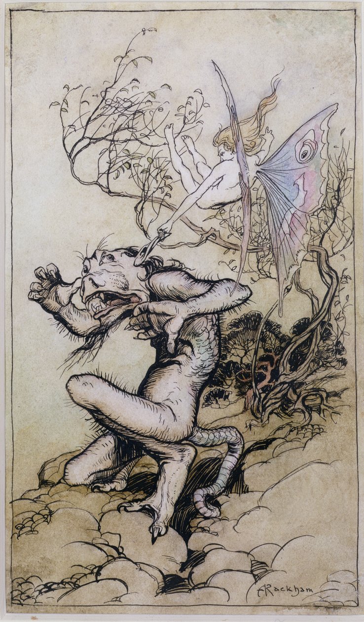 雪碧和怪物，来自莎士比亚的故事，查尔斯（1775-1834）和玛丽兰姆（1764-1847）1909（钢笔墨水，wc） 作者 亚瑟·拉克汉姆（Arthur Rackham）