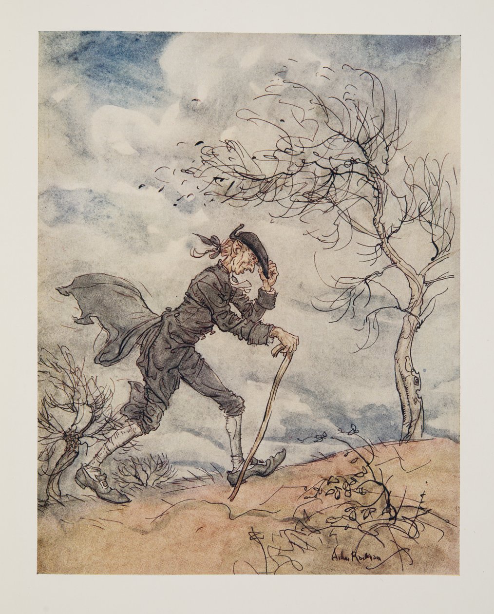 在刮风的日子沿着山丘的轮廓展开..来自Washngton Irving（1783  -  1859）的酒吧。 1928年 作者 亚瑟·拉克汉姆（Arthur Rackham）