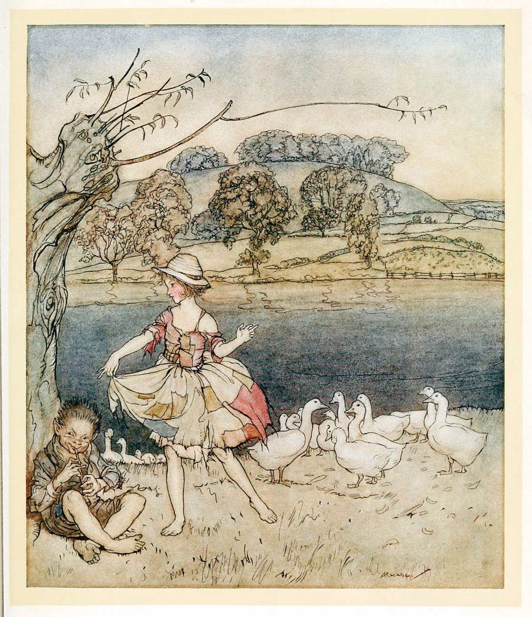 大衣人跳舞，而鹅毛管，来自《英国童话》，出版。1922. 作者 亚瑟·拉克汉姆（Arthur Rackham）