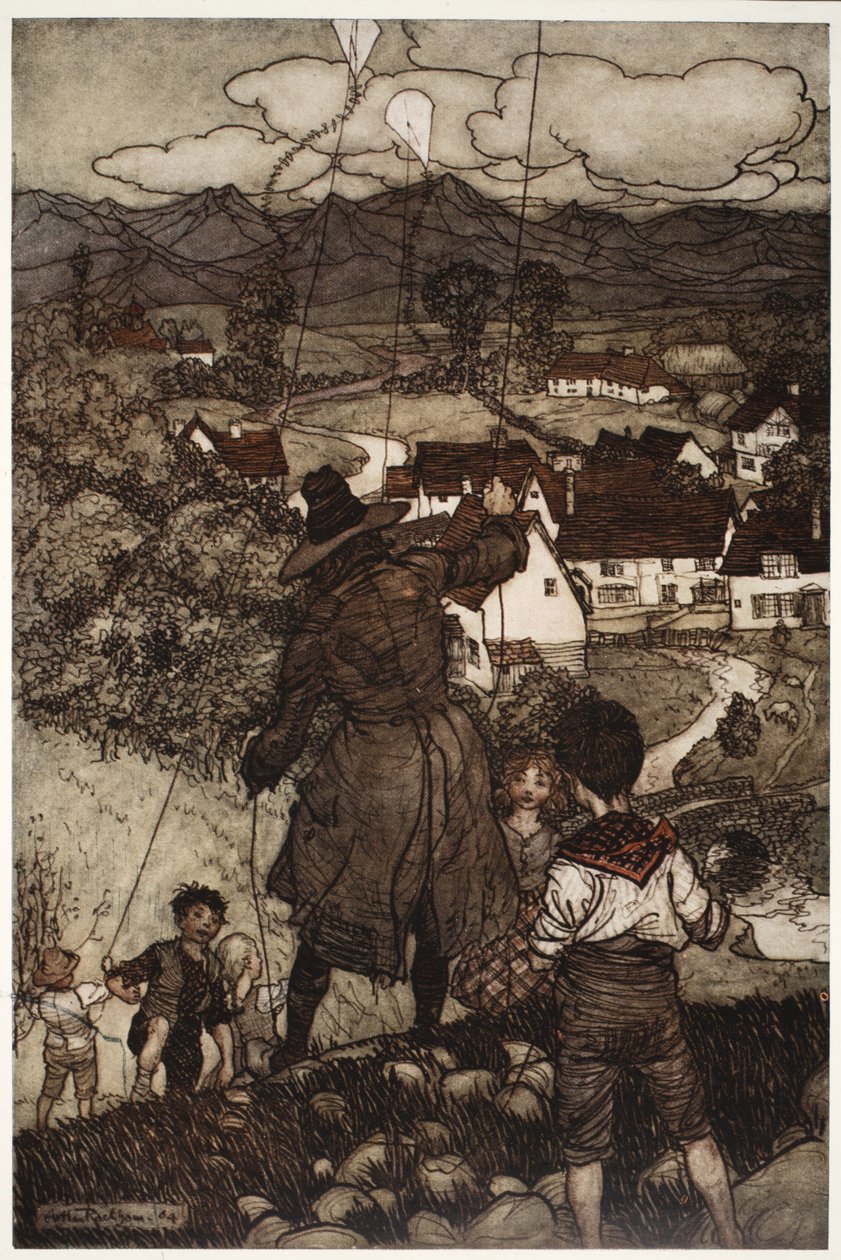 告诉他们放风筝。来自Rip Van Winkle，华盛顿欧文，酒吧。 1910 作者 亚瑟·拉克汉姆（Arthur Rackham）