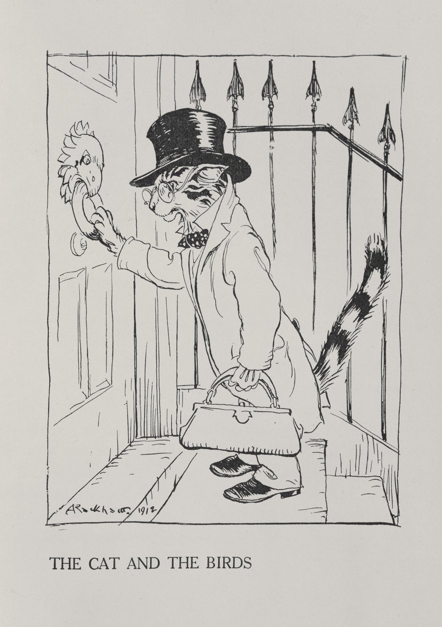 “猫与鸟”，“伊索寓言”中的插图，由Heinemann出版，1912年 作者 亚瑟·拉克汉姆（Arthur Rackham）