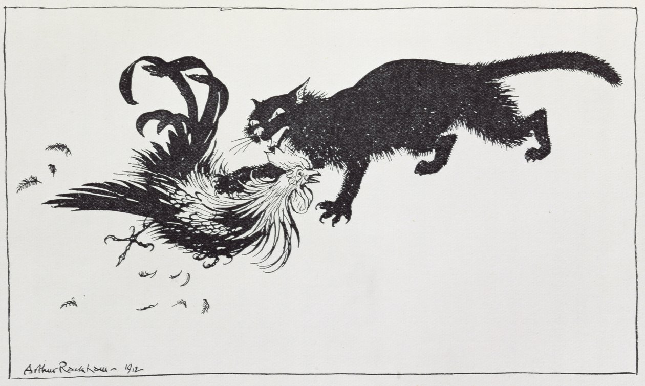 “猫与公鸡”，“伊索寓言”中的插图，由Heinemann出版，1912年 作者 亚瑟·拉克汉姆（Arthur Rackham）
