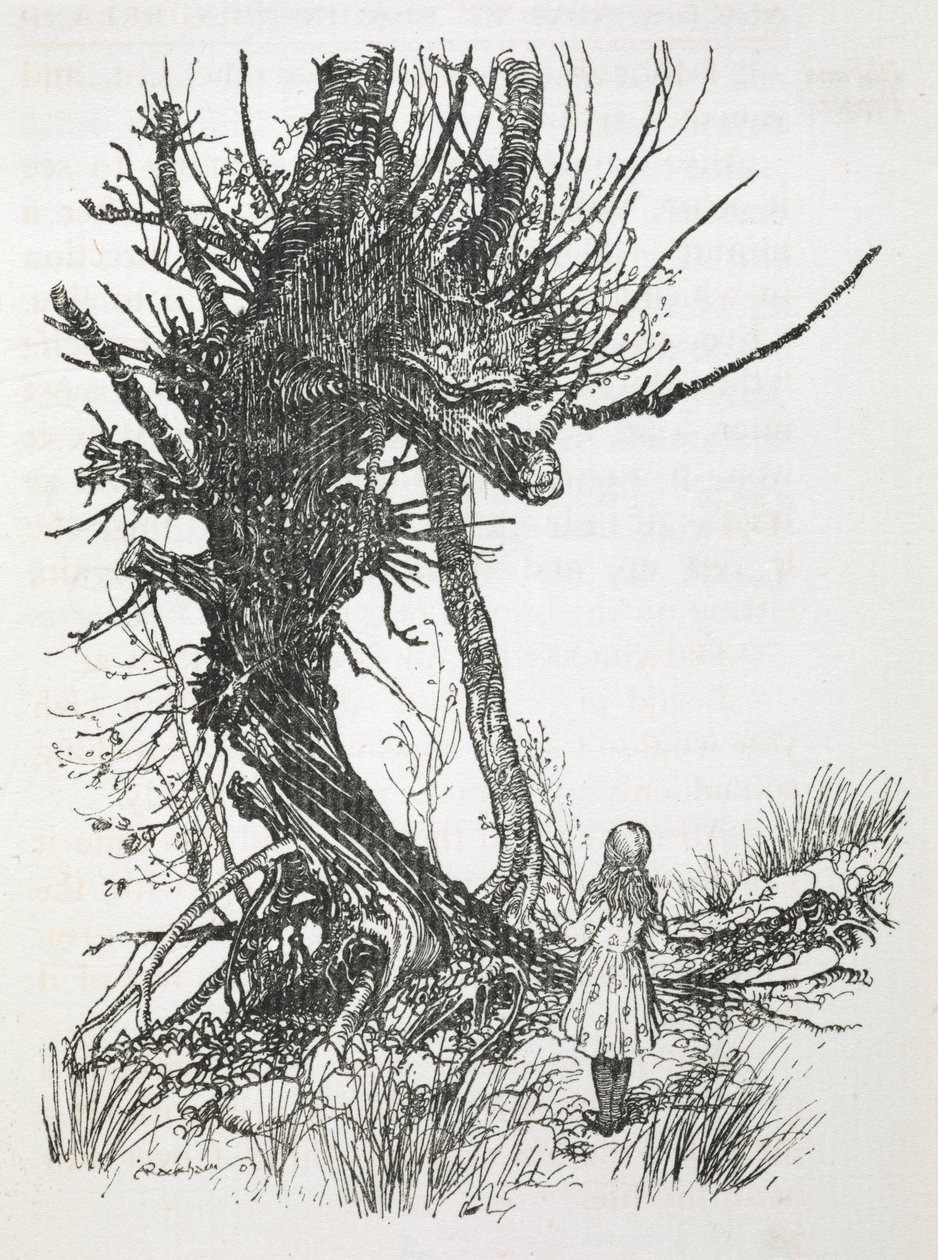树上的柴郡猫低头看着爱丽丝 作者 亚瑟·拉克汉姆（Arthur Rackham）