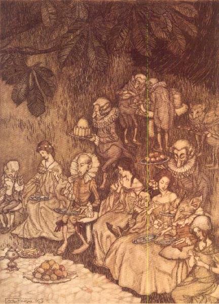 J.M. Barrie的《彼得-潘在肯辛顿花园》中的 "盛宴 作者 亚瑟·拉克汉姆（Arthur Rackham）