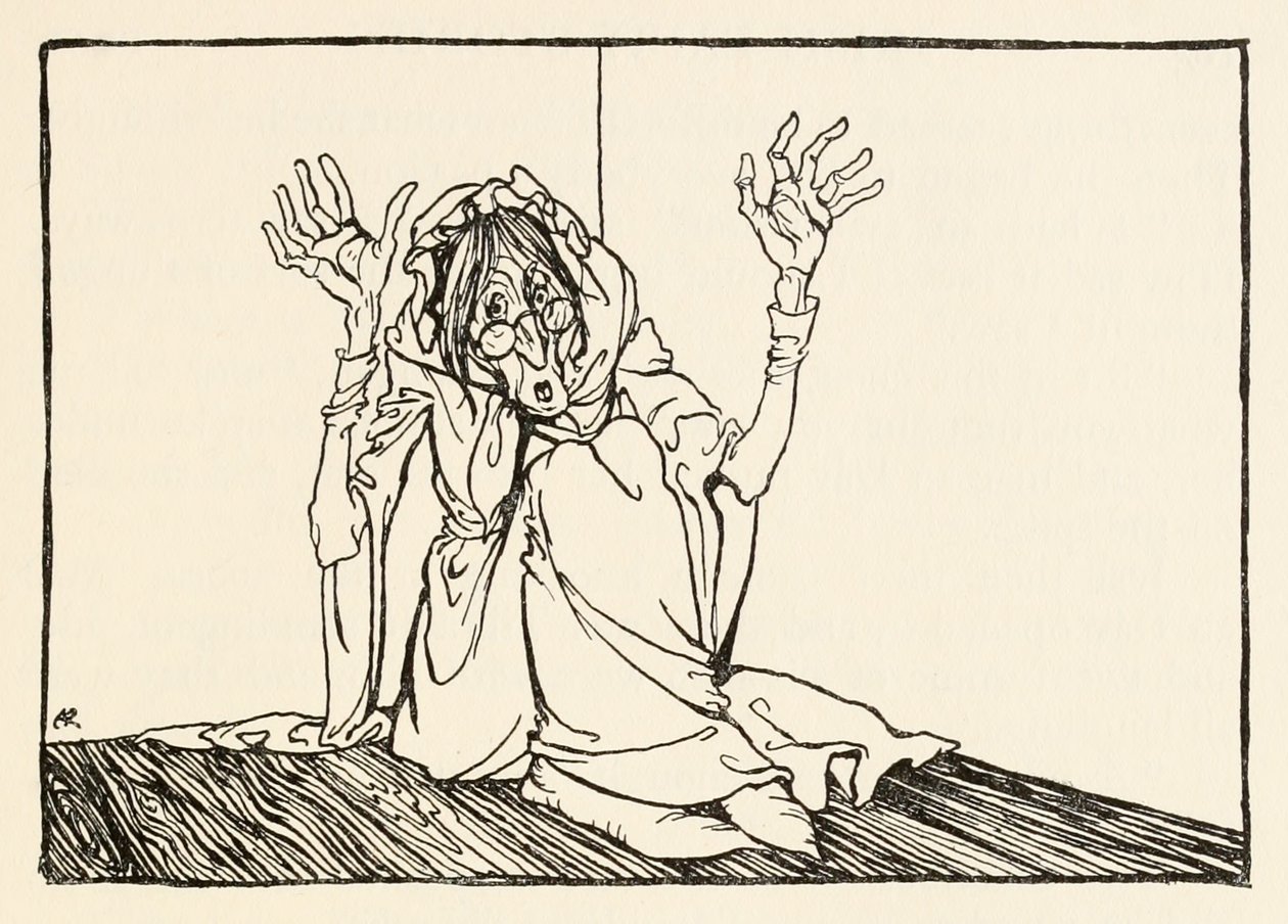 Hag坐在墙上，来自爱尔兰童话故事中的Morgans Frenzy 作者 亚瑟·拉克汉姆（Arthur Rackham）