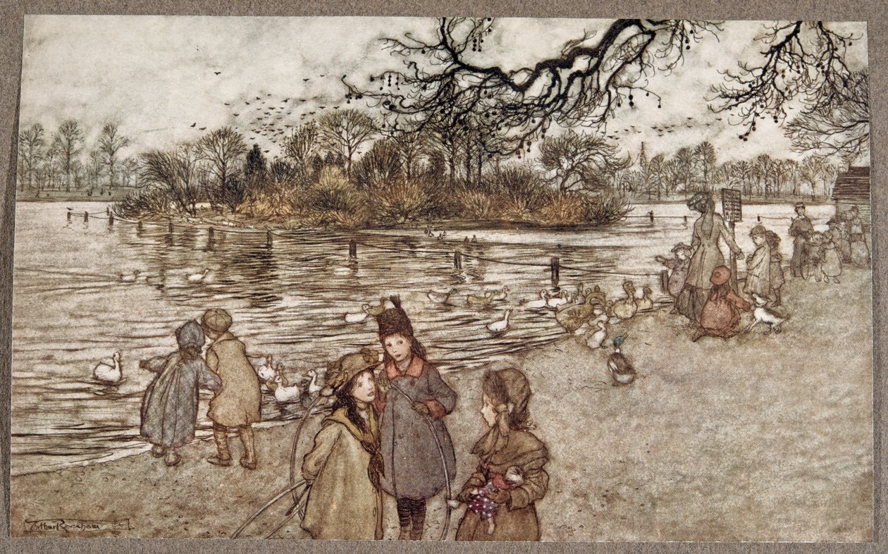 所有鸟类出生的岛屿都是婴儿男孩和女孩，来自JM Barrie（1860  -  1937）在肯辛顿花园的Peter Pan酒吧。 1906年 作者 亚瑟·拉克汉姆（Arthur Rackham）