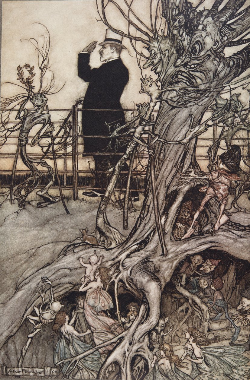 肯辛顿花园位于伦敦，国王居住的地方……”，来自 J M Barrie（1860 - 1937 年在肯辛顿花园的彼得潘），1906 年出版（彩色石版画） 作者 亚瑟·拉克汉姆（Arthur Rackham）