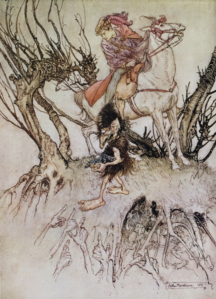 骑士Hulbrand与侏儒，插图为故事&39;Undine&39;由男爵de la Motte Fouque，1909年 作者 亚瑟·拉克汉姆（Arthur Rackham）