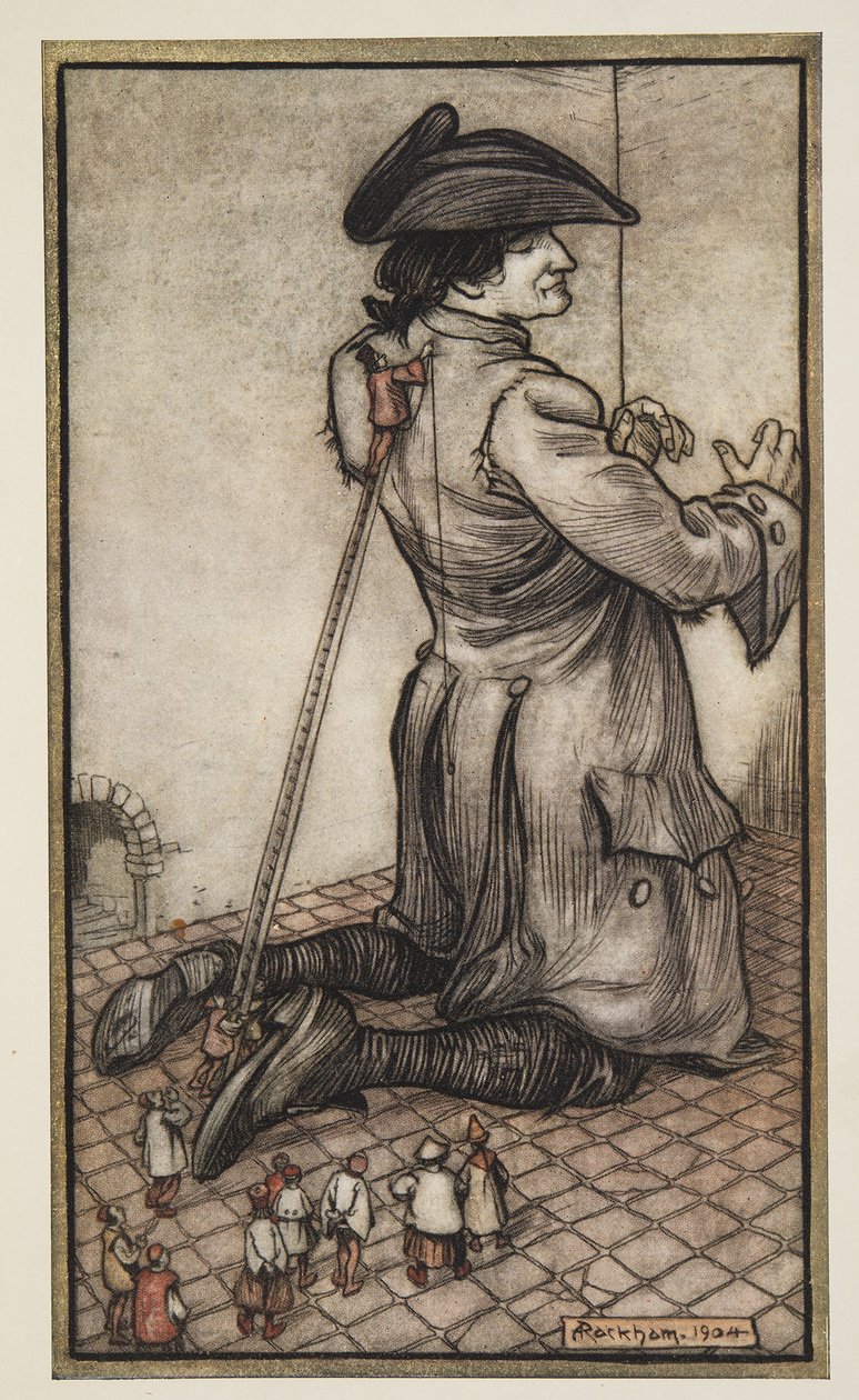 Lilliputian Tailors测量Gullliver为一套新衣服，来自Gullivers Travels by Jonathon Swift（1667  -  1745），pub。 1909年 作者 亚瑟·拉克汉姆（Arthur Rackham）