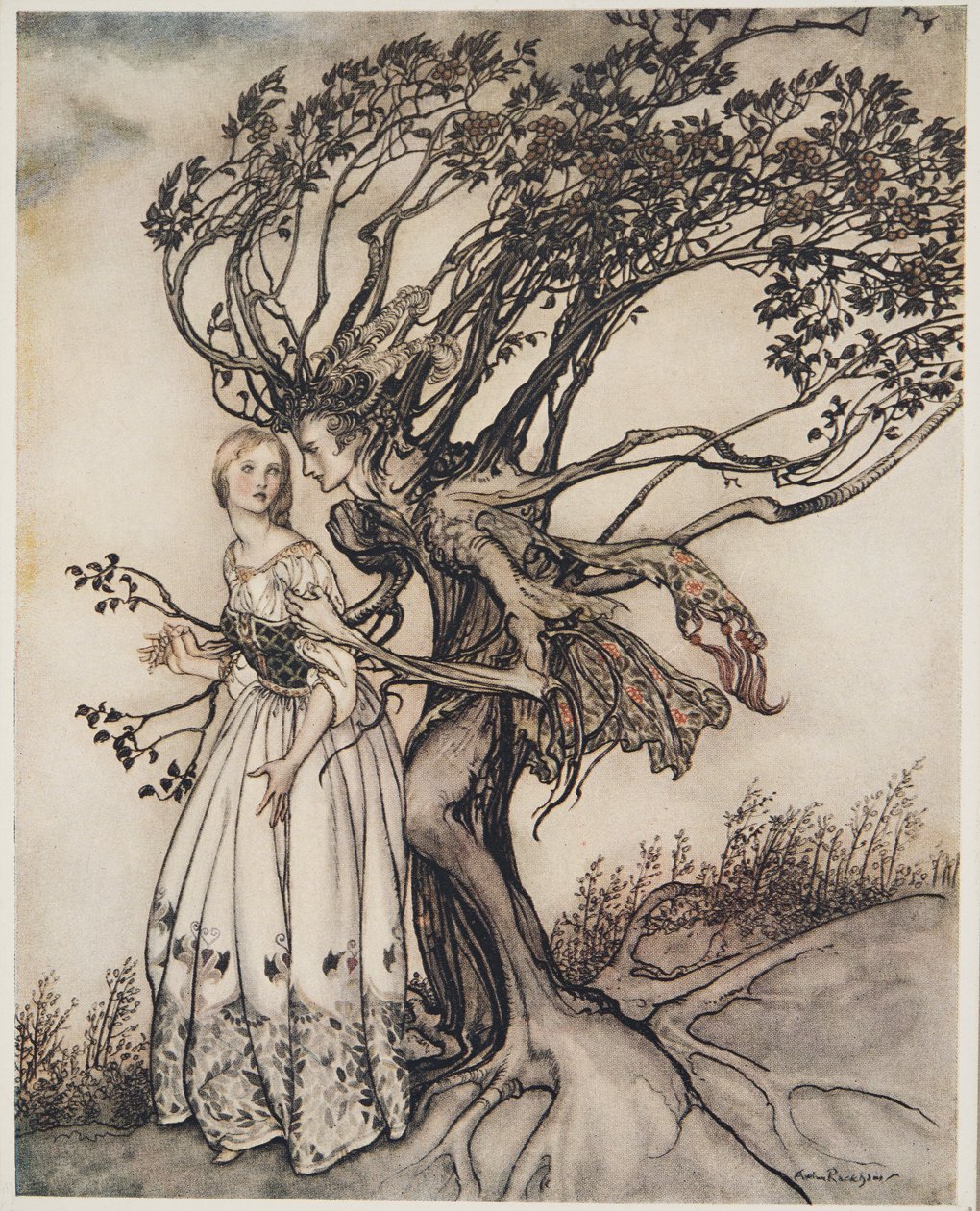 木头的老妇人，来自格林兄弟的小兄弟和小妹妹和其他故事，pub.1917 作者 亚瑟·拉克汉姆（Arthur Rackham）