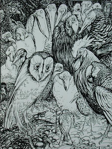 猫头鹰和小鸟，来自《伊索寓言》的插图，由海涅曼出版。 作者 亚瑟·拉克汉姆（Arthur Rackham）
