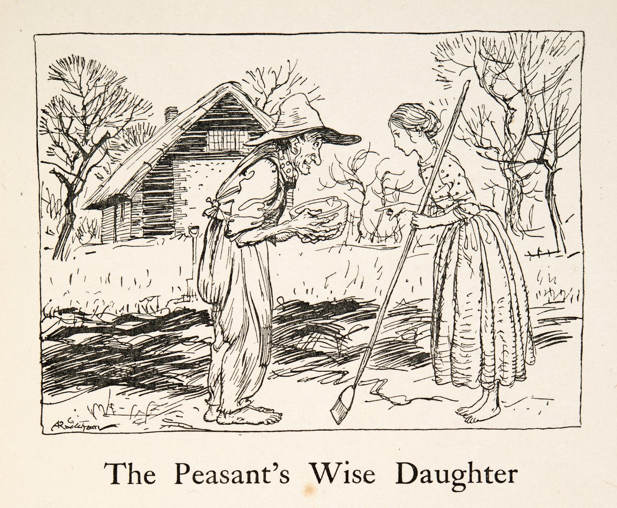农民的聪明女儿，来自格林兄弟的《小弟弟和小妹妹及其他故事》，1917年出版（平板）。 作者 亚瑟·拉克汉姆（Arthur Rackham）