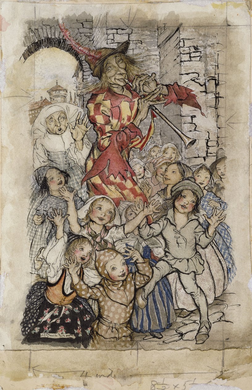 吹笛者和孩子们， 作者 亚瑟·拉克汉姆（Arthur Rackham）