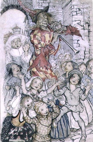 哈梅林的魔笛手》，罗伯特-勃朗宁（1812-89）的诗的插图，出版。1934年（纸上笔墨、水彩）。 作者 亚瑟·拉克汉姆（Arthur Rackham）