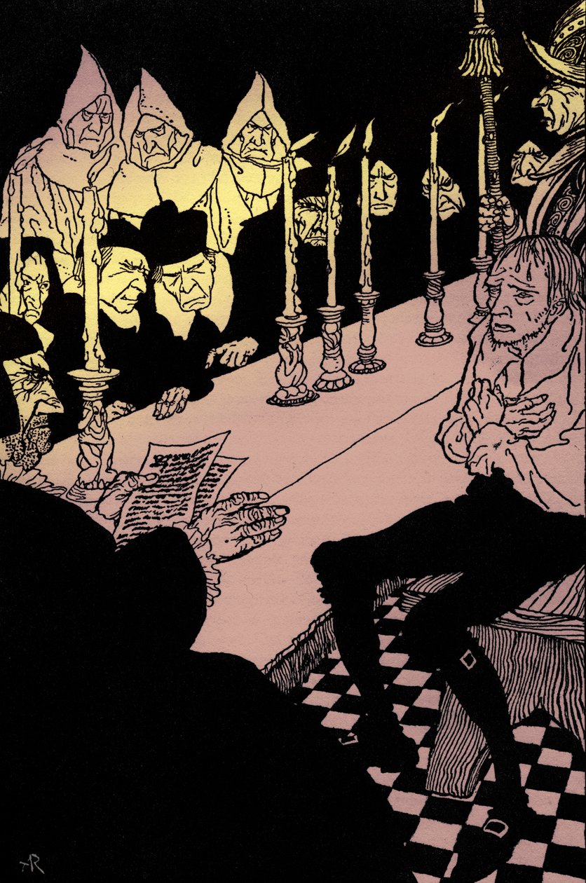 埃德加-爱伦-坡的《坑和钟摆》。 作者 亚瑟·拉克汉姆（Arthur Rackham）