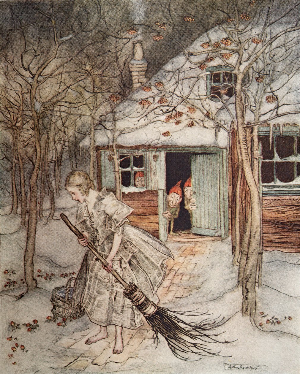 木头上的三个小人物，来自格林兄弟的小兄弟和小妹妹和其他故事，pub.1917 作者 亚瑟·拉克汉姆（Arthur Rackham）