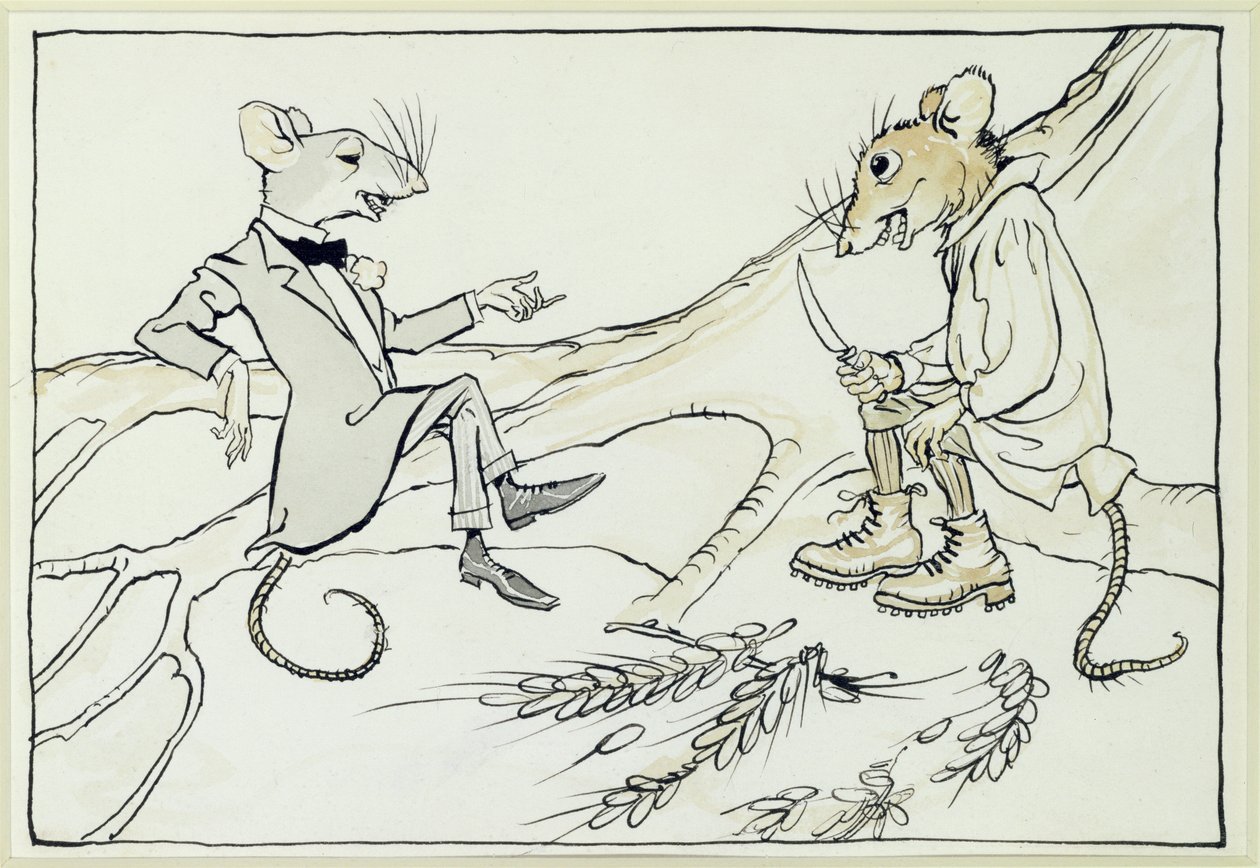 城镇鼠标和乡村鼠标，来自Aesops Fables的插图，1912年出版（笔和墨水在纸上用wc） 作者 亚瑟·拉克汉姆（Arthur Rackham）