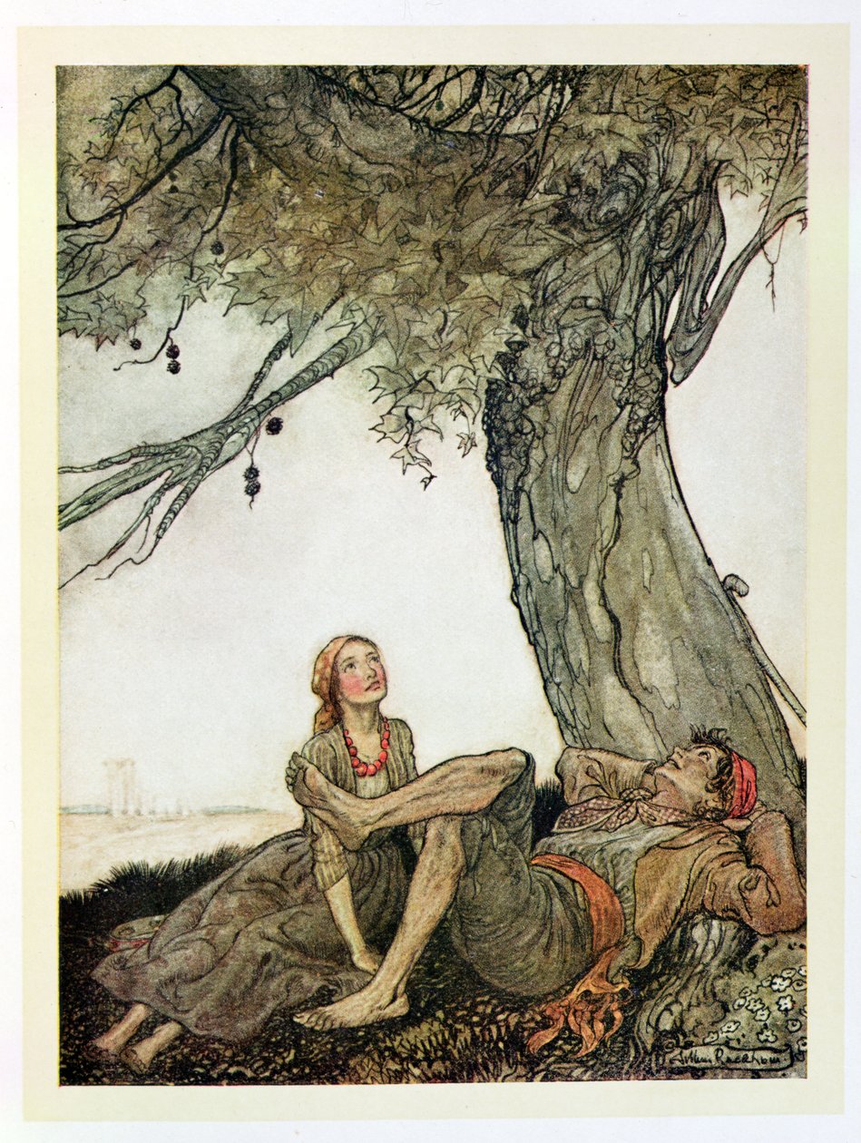 旅行者和梧桐树，来自&39;Aesop&39;s Fables&39;的插图，由Heinemann出版，1912年 作者 亚瑟·拉克汉姆（Arthur Rackham）