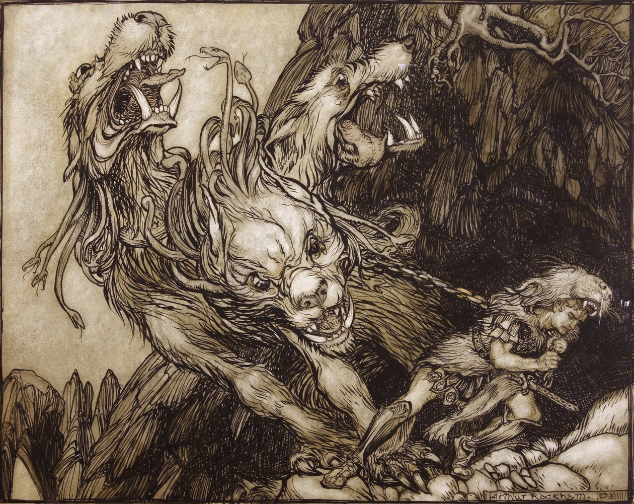 赫拉克勒斯的第十二次工作，来自希腊英雄的插图，由BG Niebuhr，1903年（钢笔和墨水在纸上） 作者 亚瑟·拉克汉姆（Arthur Rackham）