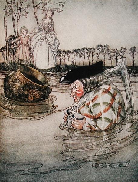 两只锅，来自《伊索寓言》的插图，由海涅曼出版。 作者 亚瑟·拉克汉姆（Arthur Rackham）