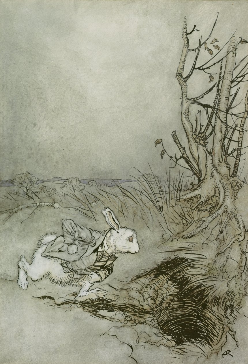 白兔，1907年“爱丽丝梦游仙境”中的插图（笔，墨水和纸上写的） 作者 亚瑟·拉克汉姆（Arthur Rackham）