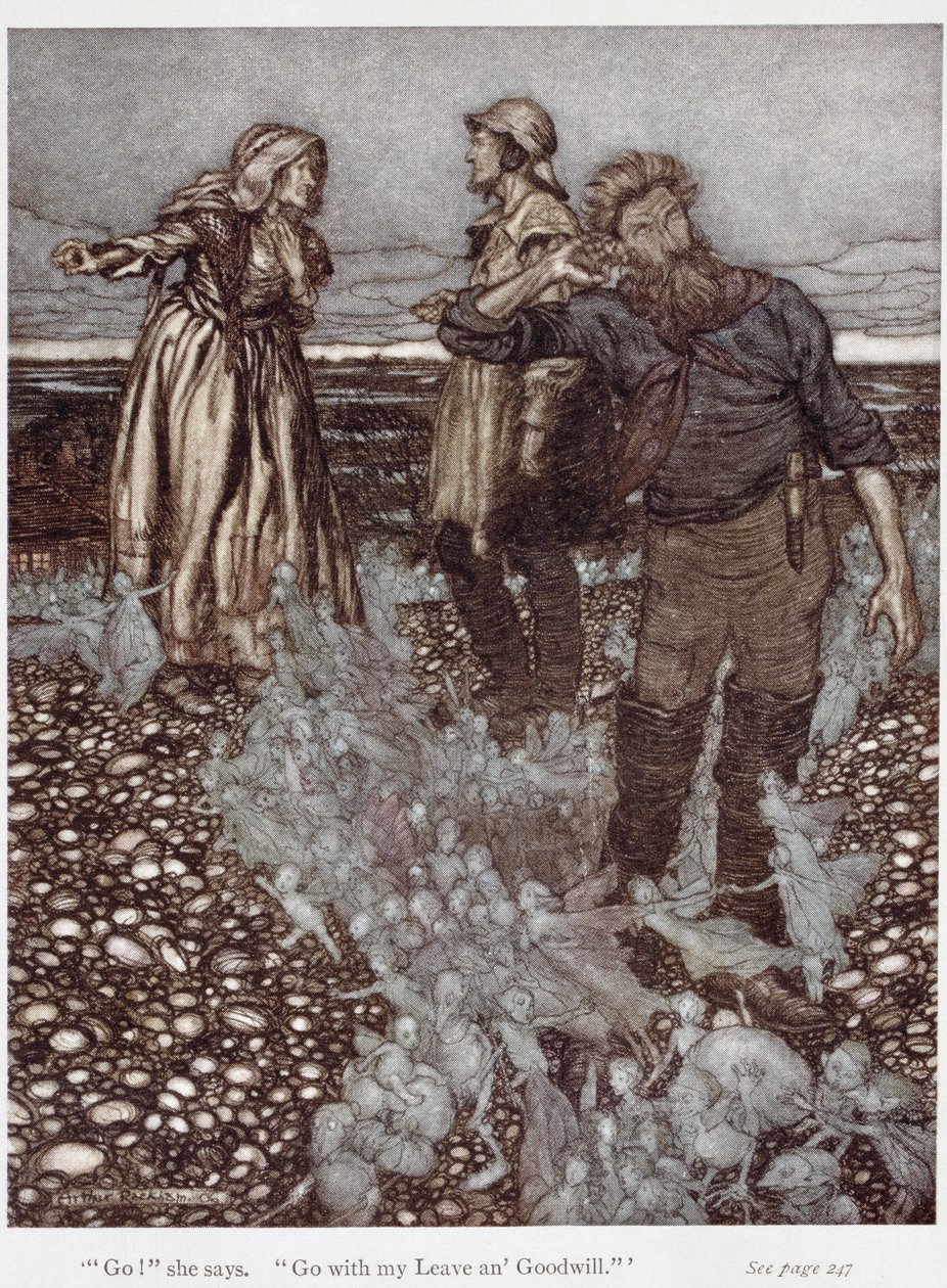寡妇惠特吉夫特和她的儿子们，选自鲁德亚德-吉卜林（1865-1936 年）的《普克山的帕克》，1906 年（纸上钢笔、墨水和水彩画） 作者 亚瑟·拉克汉姆（Arthur Rackham）