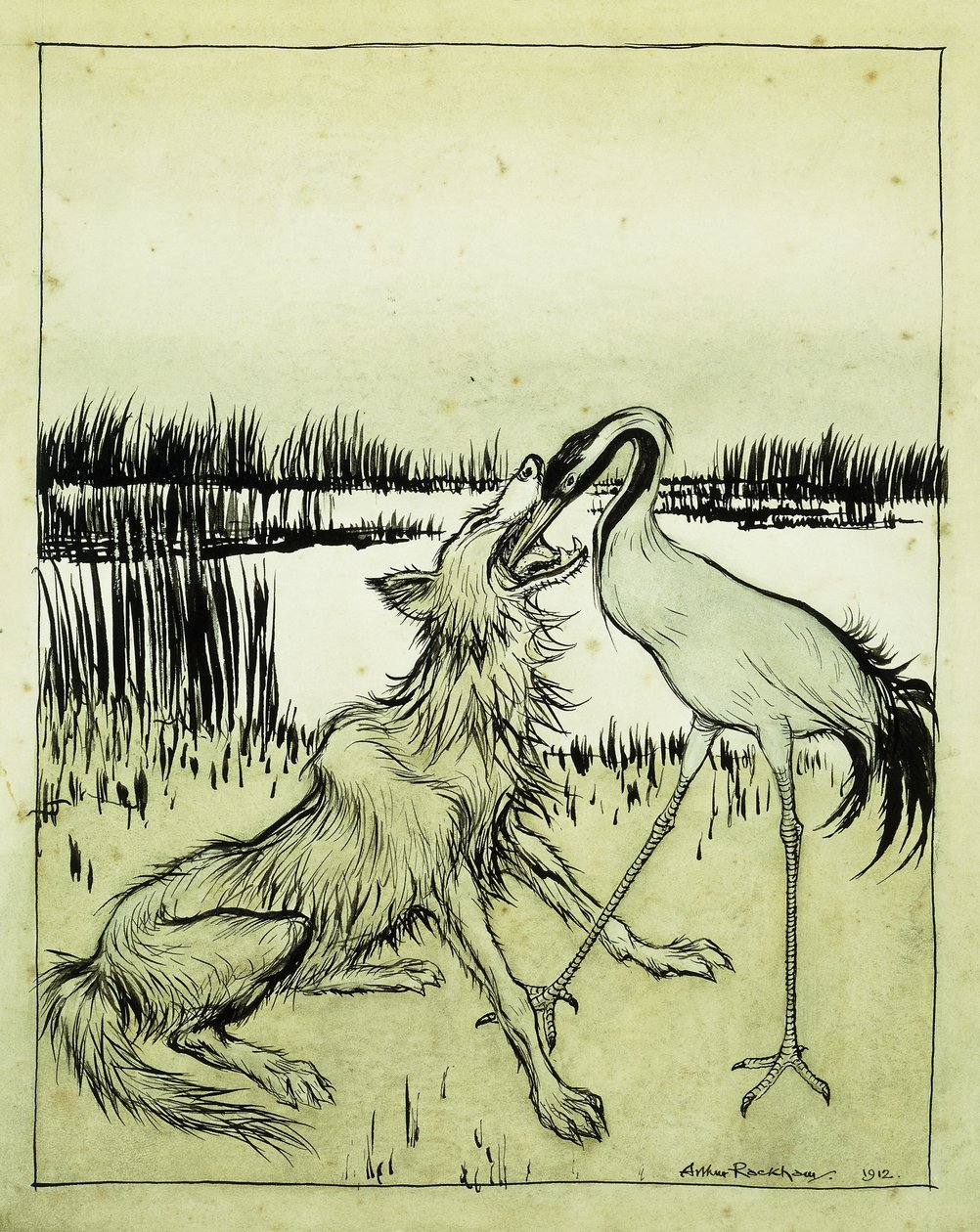 狼与鹤-伊索寓言，1912年 作者 亚瑟·拉克汉姆（Arthur Rackham）