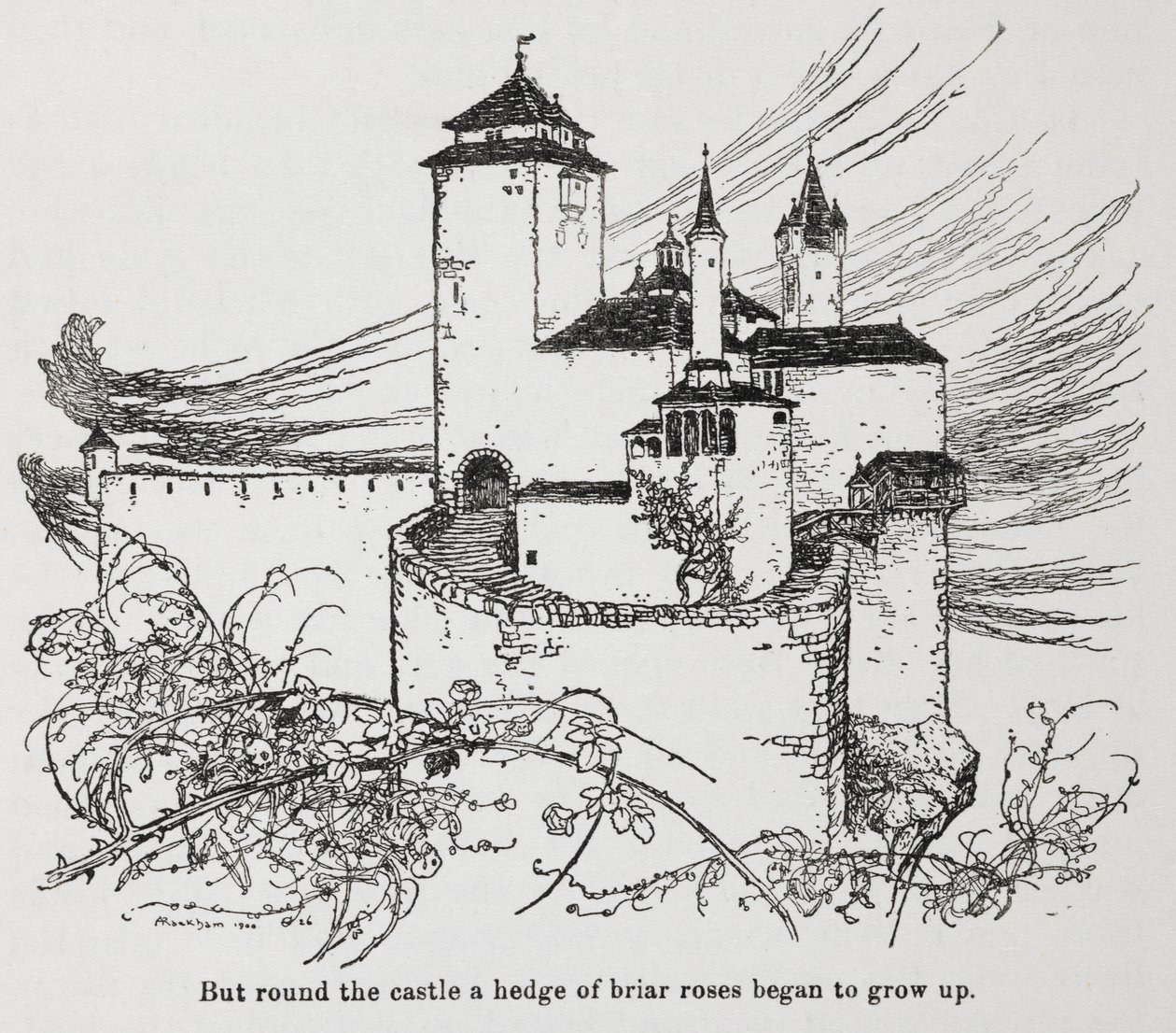 被荆棘玫瑰（睡美人）的荆棘包围的城堡 作者 亚瑟·拉克汉姆（Arthur Rackham）