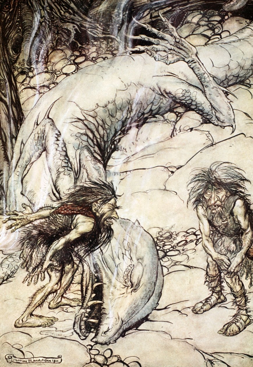 矮人为法夫纳的尸体争吵》，1924年。   作者 亚瑟·拉克汉姆（Arthur Rackham）