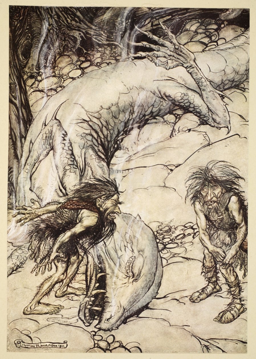 矮人在Fafner的身体上争吵，从&39;齐格弗里德和神的暮色&39;插图，1924年 作者 亚瑟·拉克汉姆（Arthur Rackham）
