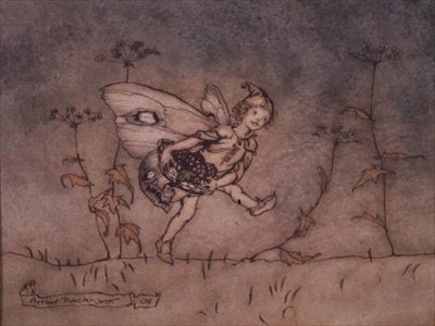 仲夏夜之梦》的插图，博顿身上的精灵侍者。 作者 亚瑟·拉克汉姆（Arthur Rackham）