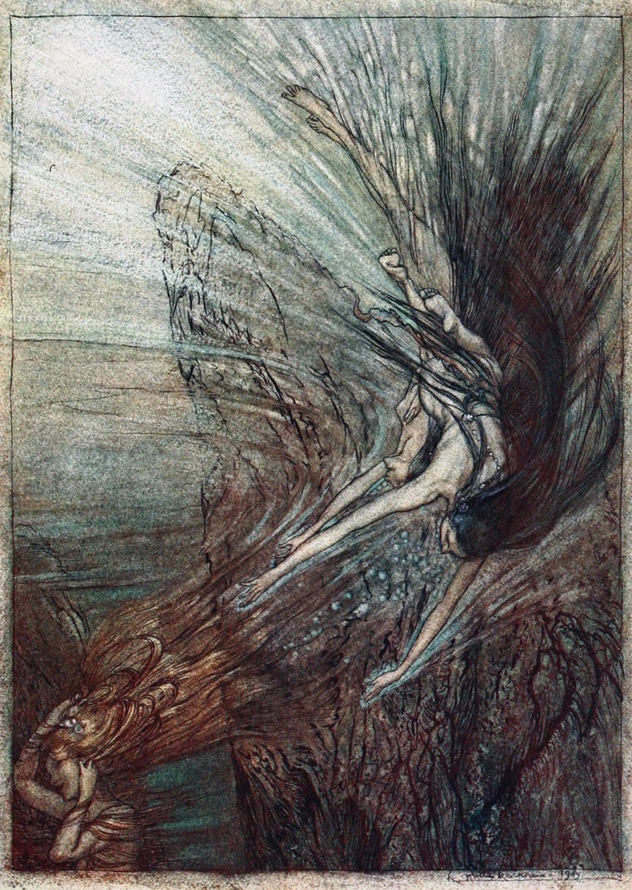 莱茵少女的嬉戏。理查德·瓦格纳（Richard Wagner）的《莱茵金和女武神》插图， 作者 亚瑟·拉克汉姆（Arthur Rackham）