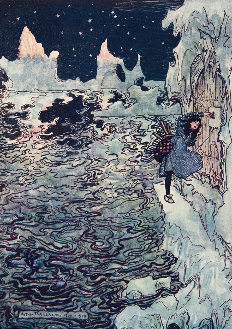 这位优秀的小妹妹剪下了自己的小手指，将它装进了锁中，成功地从格林兄弟的童话故事中打开了它。 1909年 作者 亚瑟·拉克汉姆（Arthur Rackham）
