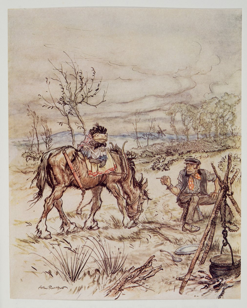 吉普赛人以粗心的方式说道，想要卖掉你的马吗？来自Willows的Wind in the Willows by Graneme（1859  -  1932），酒吧。 1940年 作者 亚瑟·拉克汉姆（Arthur Rackham）