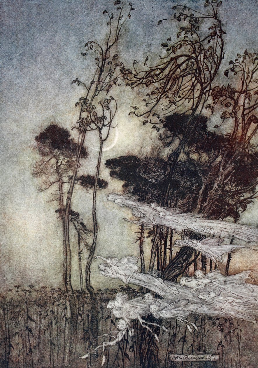 ..月亮，就像一把银色的弓在天堂新弯曲，插图来自威廉·莎士比亚的“仲夏夜之梦”，1908年 作者 亚瑟·拉克汉姆（Arthur Rackham）