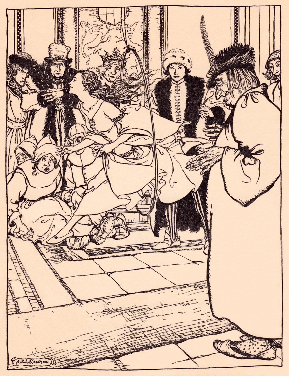 美丽的少女像小鹿一样轻盈地跳过了铁圈。 亚瑟·拉克姆 (Arthur Rackham) 插图，选自格林童话《三根羽毛》。 作者 亚瑟·拉克汉姆（Arthur Rackham）