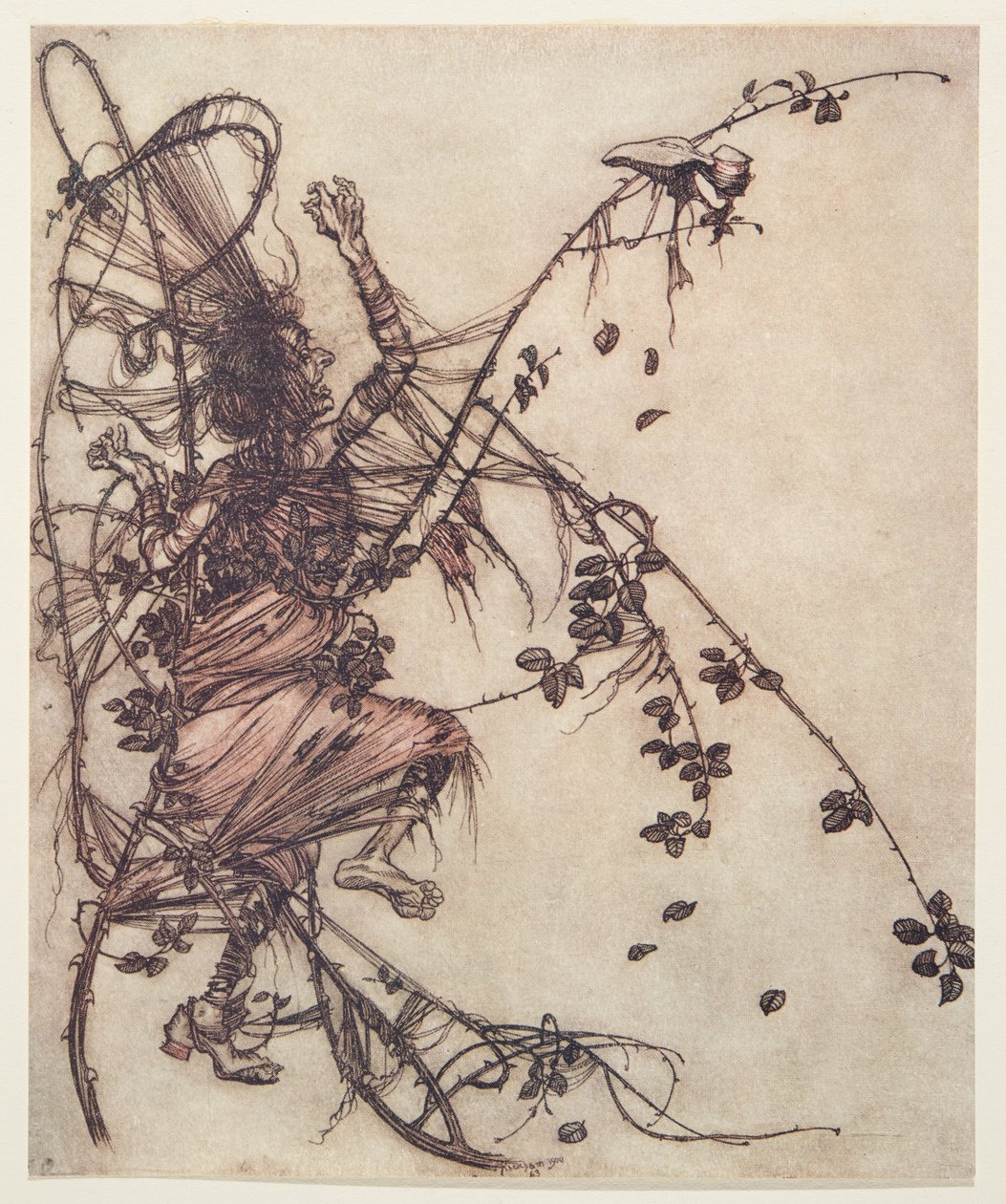 他玩的越快，她就越高，从格林兄弟的童话故事中跳出来吧。 1909年 作者 亚瑟·拉克汉姆（Arthur Rackham）
