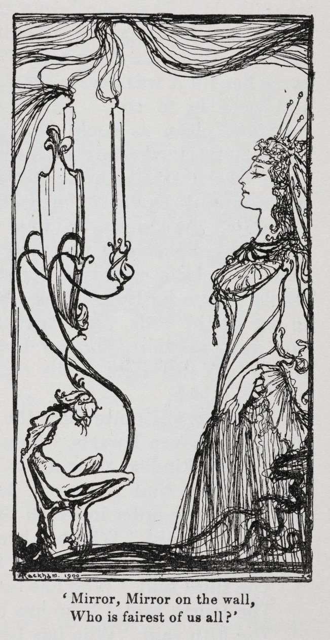 雪绒花》（白雪公主）中照镜子的邪恶王后 作者 亚瑟·拉克汉姆（Arthur Rackham）