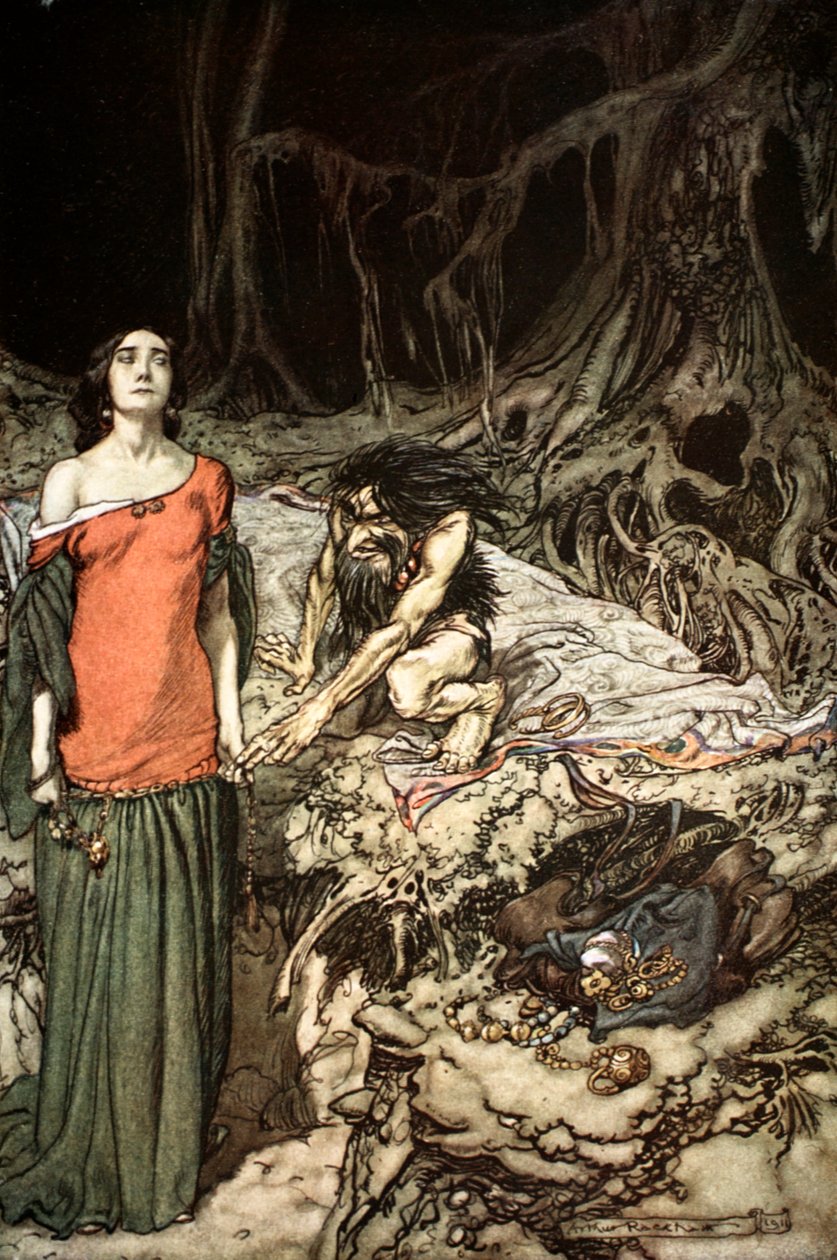 哈根的母亲格里姆希尔德的求婚》，1924年。   作者 亚瑟·拉克汉姆（Arthur Rackham）