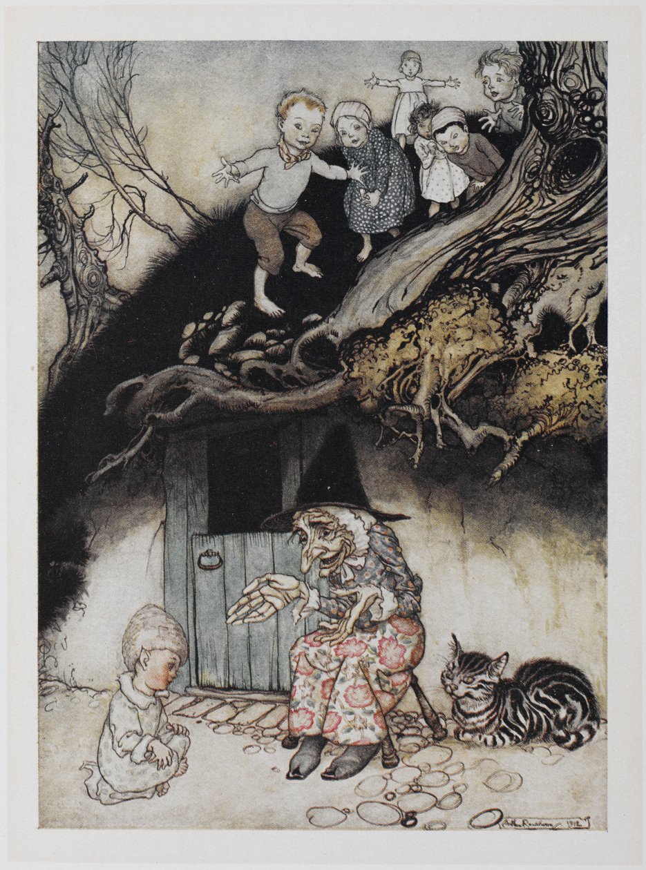 从前有一位老妇人，住在一座小山下。 作者 亚瑟·拉克汉姆（Arthur Rackham）