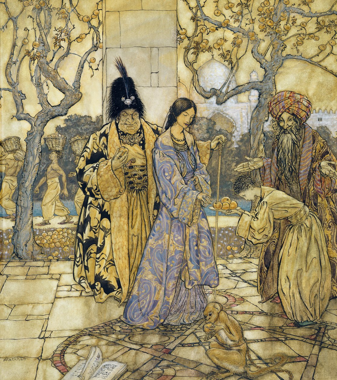 1917年，他们为Ahmeds Princely Hand收获（带纸笔墨水） 作者 亚瑟·拉克汉姆（Arthur Rackham）
