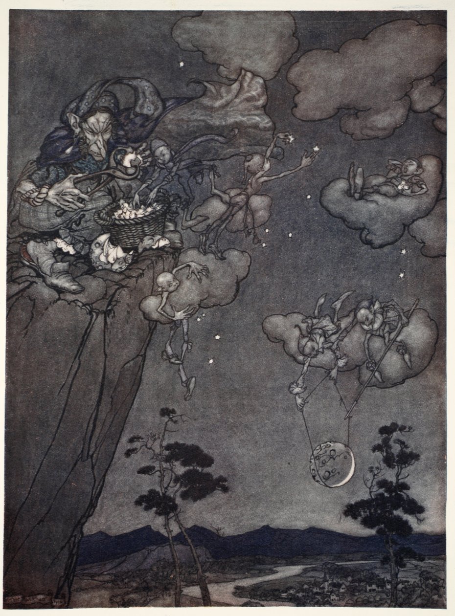 他们被一个古老的嘎嘎精神所统治，他们将天上的新卫星挂在天上，并将旧的卫星切成星星。来自华盛顿欧文酒吧的Rip Van Winkle。 1910 作者 亚瑟·拉克汉姆（Arthur Rackham）