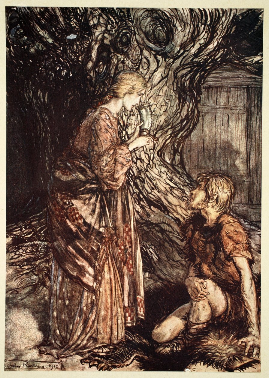 "请接受我的这杯愈合的蜂蜜水"，1910年。   作者 亚瑟·拉克汉姆（Arthur Rackham）
