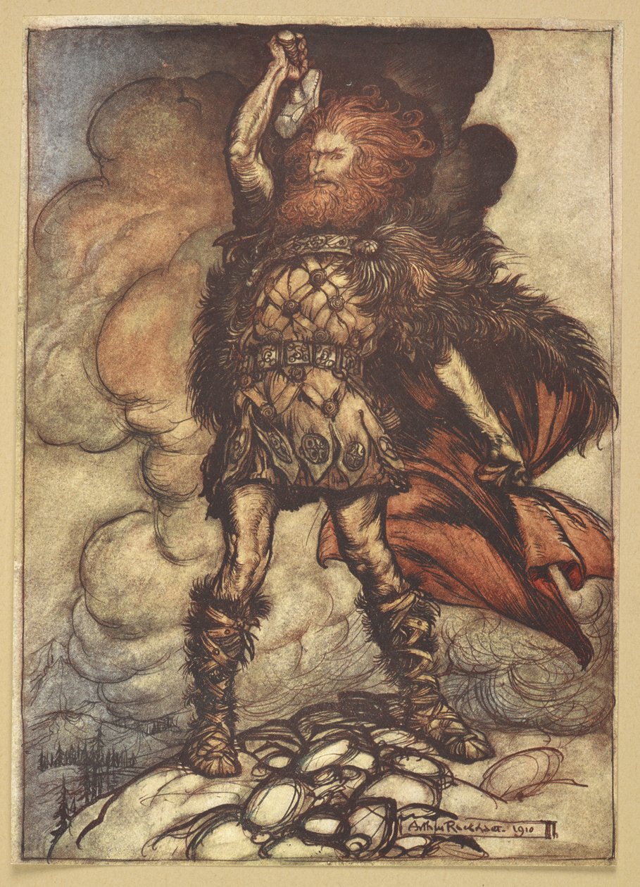 托尔举起锤子 作者 亚瑟·拉克汉姆（Arthur Rackham）