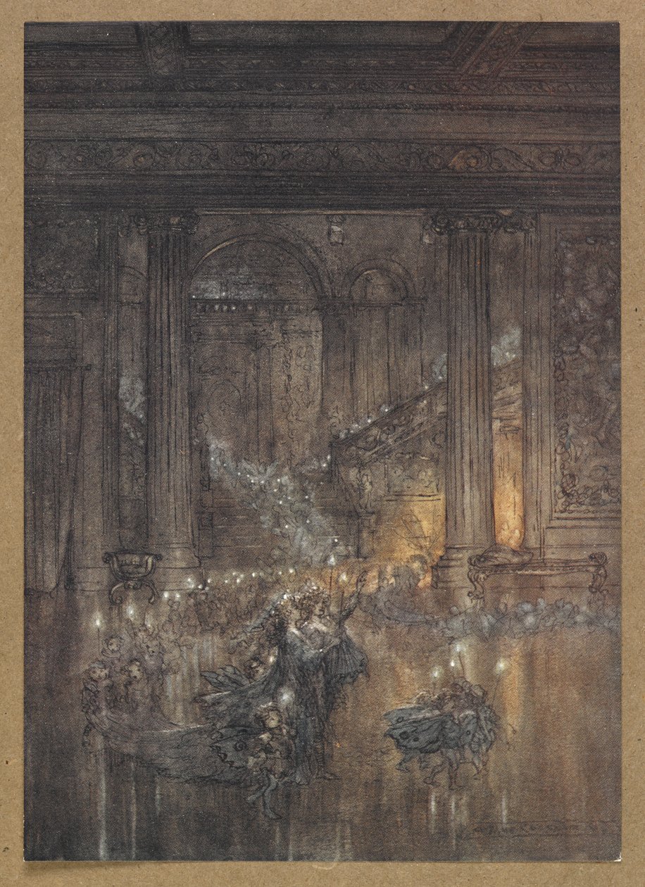 穿过房子，在昏昏欲睡的死火旁发出微光"。
仲夏夜之梦》中的一个场景。 作者 亚瑟·拉克汉姆（Arthur Rackham）