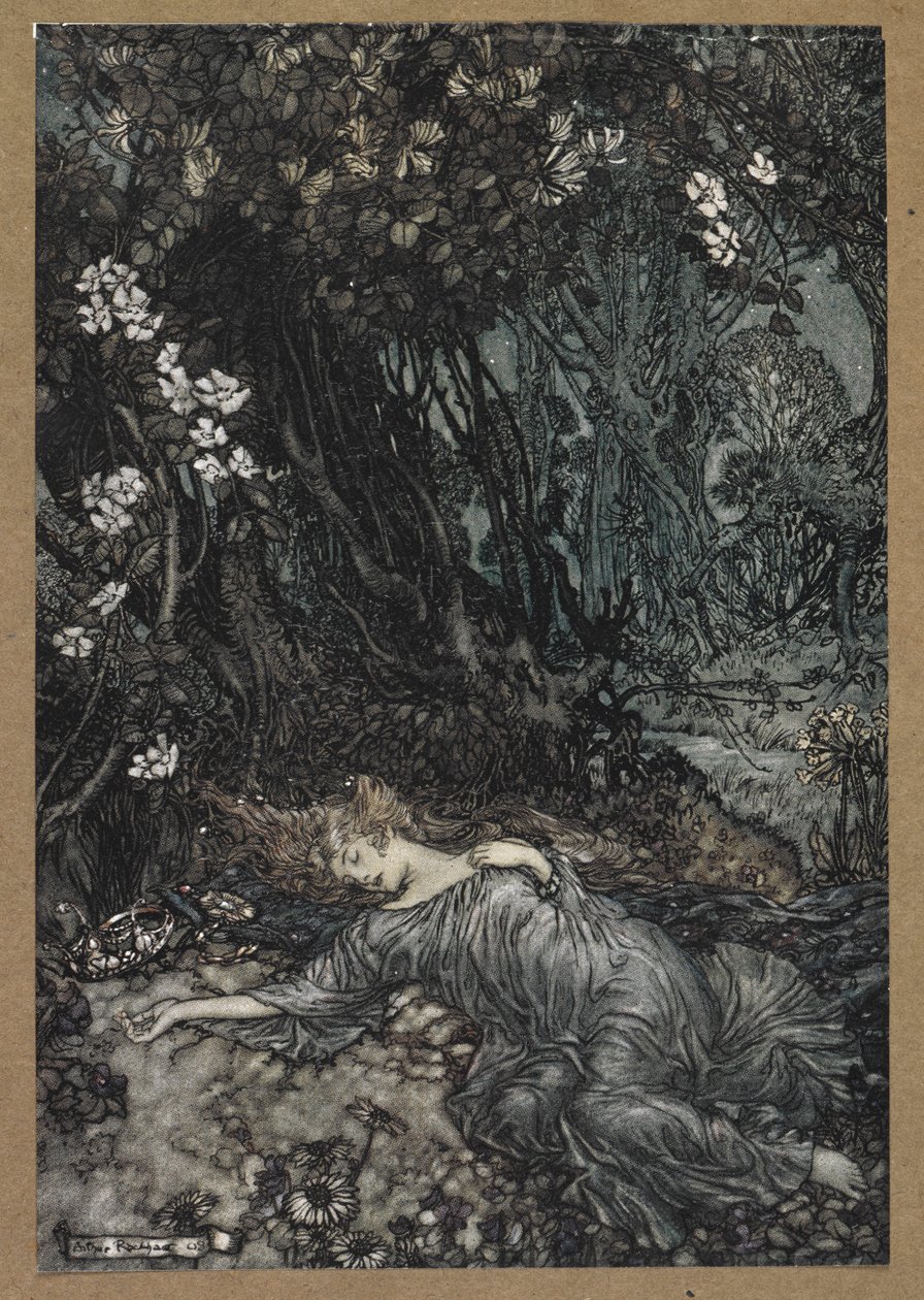 泰坦妮娅躺着睡着了。 《仲夏夜之梦》中的场景。 作者 亚瑟·拉克汉姆（Arthur Rackham）