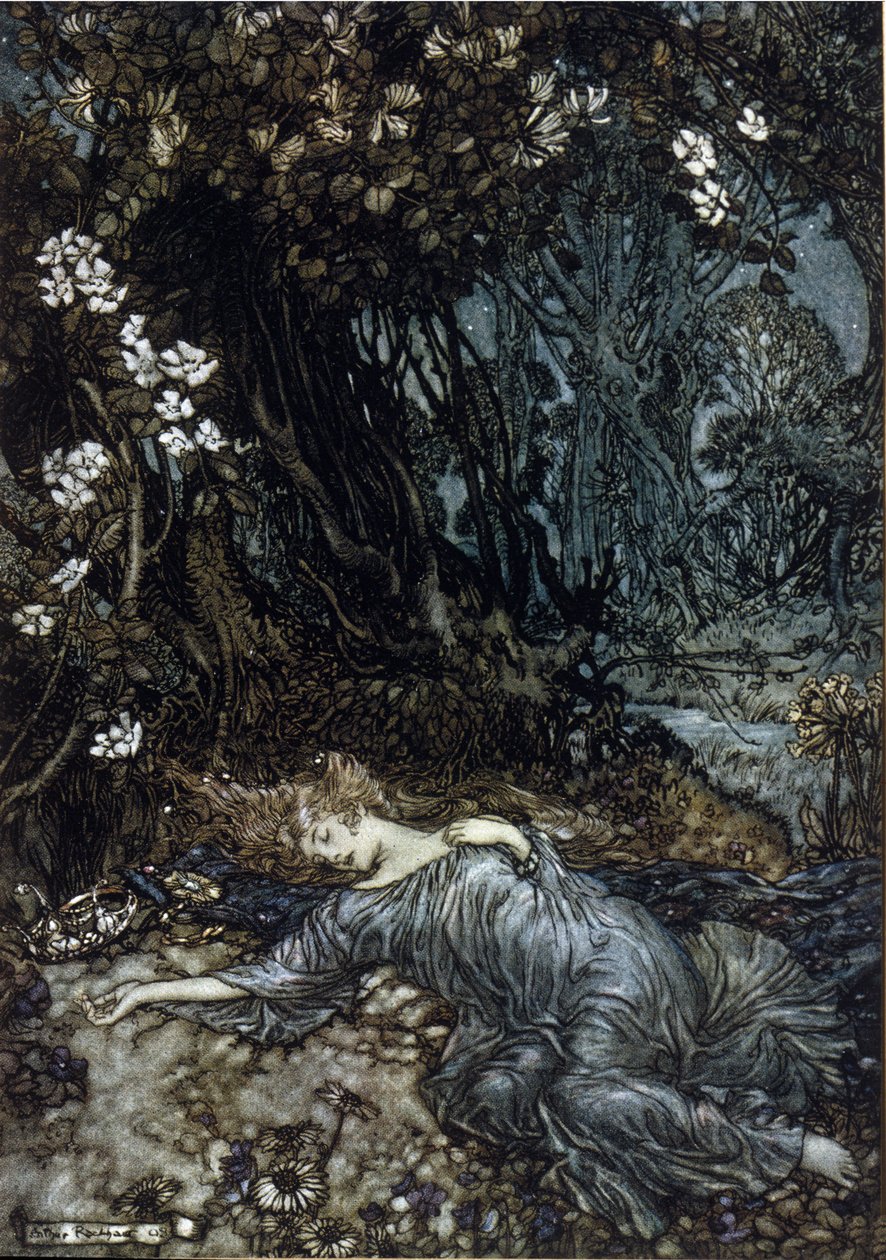 Titania the Queen of Fees is sleeping. Illustration by Arthur RACKHAM (1867-1939) for The Dream of a Summer Night by William SHAKESPEARE 作者 亚瑟·拉克汉姆（Arthur Rackham）